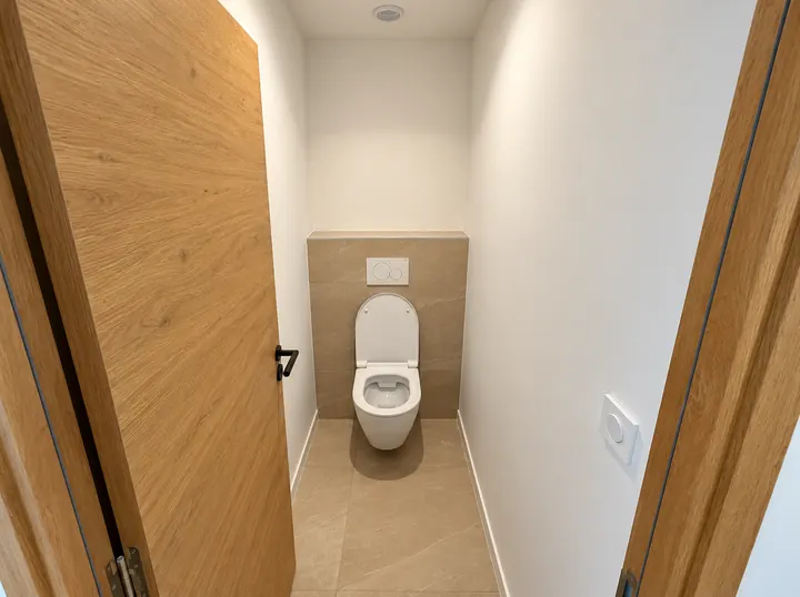 WC suspendu beige et bois clair
